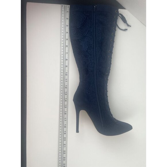 Knee-High Navy Blue Lace-Up High Boots Sz 7 Stiletto & Side Zipper Goth Witchy - Picture 15 of 16